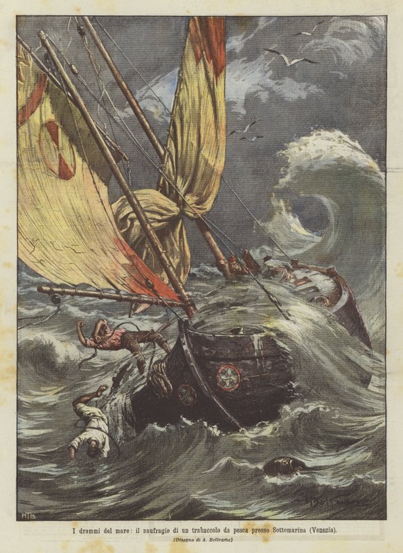 Die Dramen des Meeres, der Schiffbruch eines Fischkutters bei Sottomarina (Venedig) von Achille Beltrame