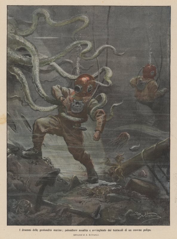 Die Dramen der Tiefsee, ein Taucher wird von den Tentakeln eines riesigen Kraken angegriffen und umschlungen von Achille Beltrame