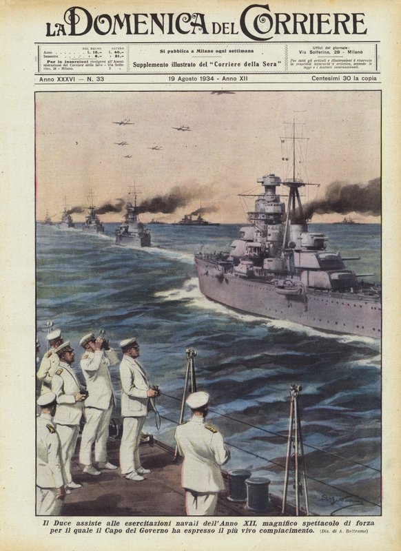 Der Duce beobachtet die Marineübungen des Jahres XII, ein großartiges Schauspiel der Stärke von Achille Beltrame