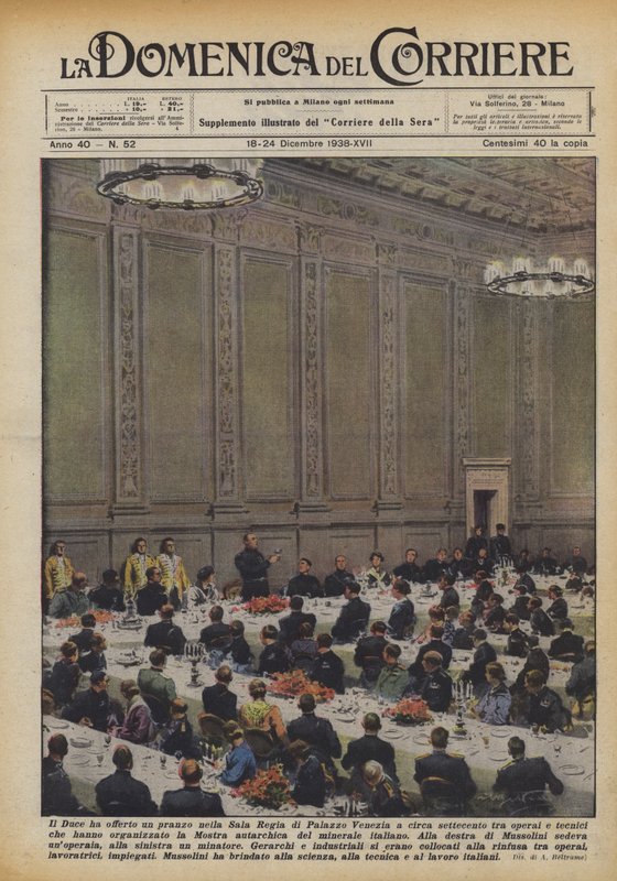 Der Duce hat in der Sala Regia des Palazzo Venezia ein Mittagessen für etwa siebenhundert Arbeiter angeboten von Achille Beltrame