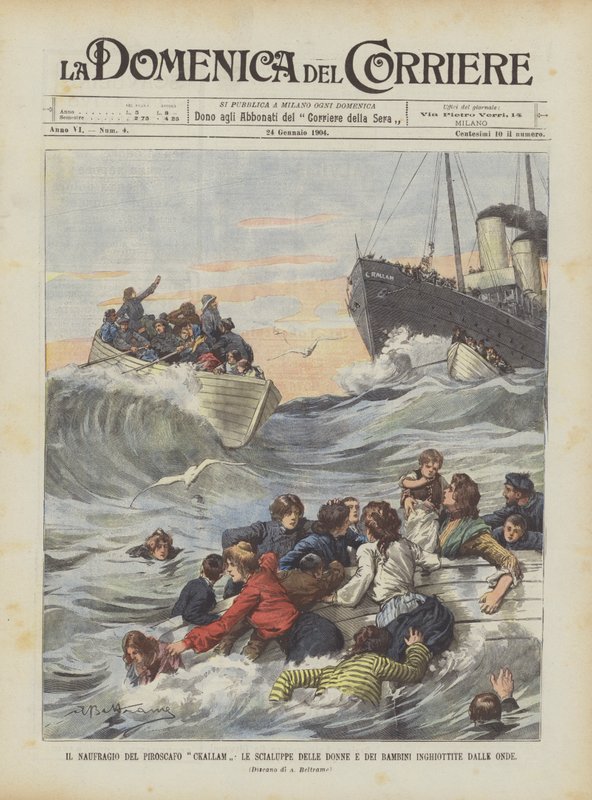 Das Schiffswrack des Dampfers Ckallam, die Rettungsboote der Frauen und Kinder werden von den Wellen verschlungen von Achille Beltrame