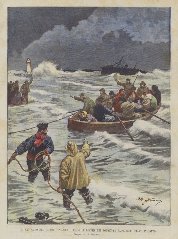 Der Schiffbruch des Dampfers Planier bei den Rhonemündungen, die Passagiere werden gerettet von Achille Beltrame