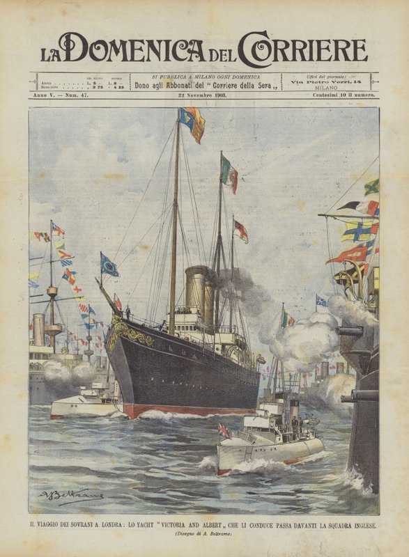 Die Reise der Monarchen nach London, die Yacht Victoria and Albert passiert die englische Flotte von Achille Beltrame