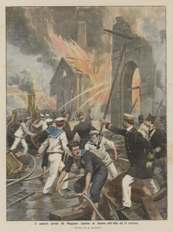 Die Werft von Muggiano (Spezia) brennt im Morgengrauen des 13. dieses Monats von Achille Beltrame