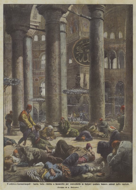 Die Cholera in Konstantinopel, die Hagia Sophia wurde in ein Lazarett umgewandelt, um sie den Bulgaren zu entziehen, falls... von Achille Beltrame