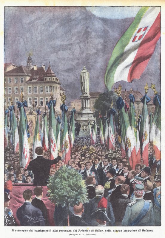 Das Treffen der Kämpfer in Anwesenheit des Prinzen von Udine auf dem Hauptplatz von Bozen von Achille Beltrame