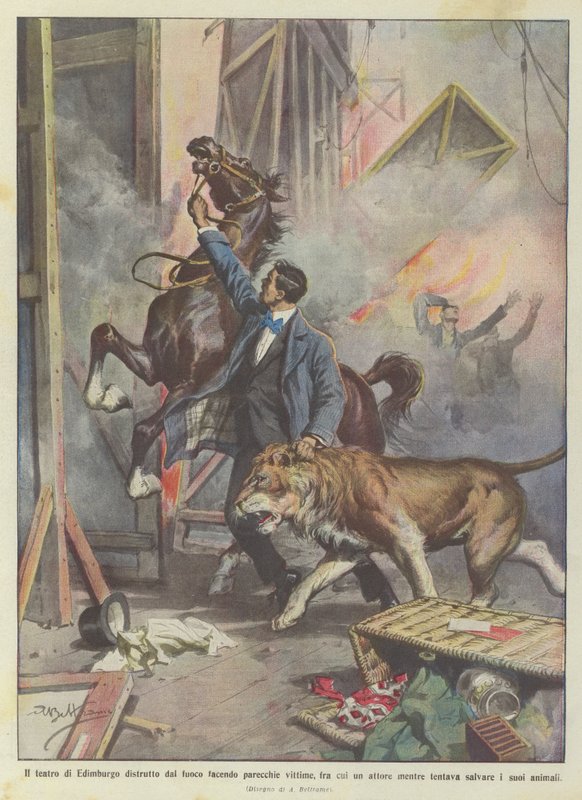 Das Theater von Edinburgh durch Feuer zerstört, viele Opfer, darunter ein Schauspieler von Achille Beltrame