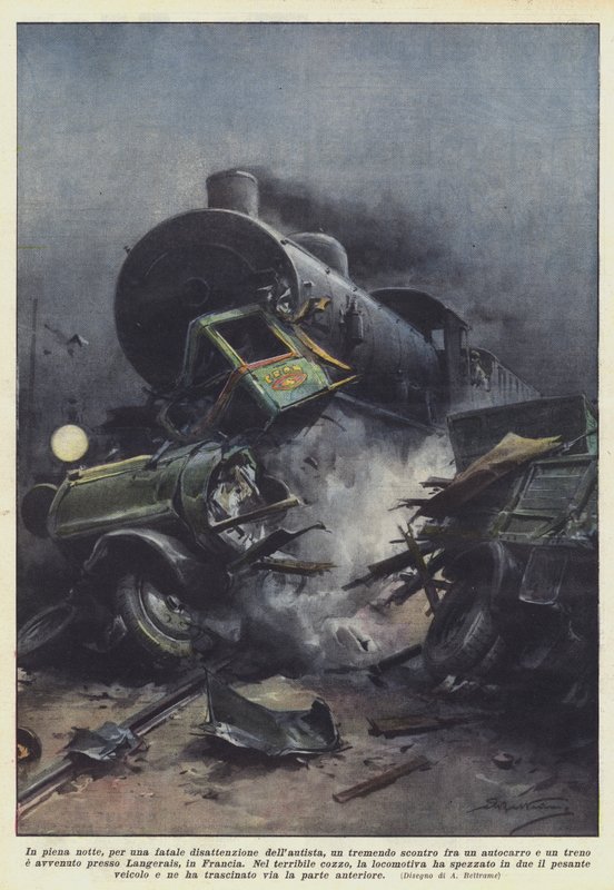 Mitten in der Nacht, durch eine fatale Unachtsamkeit des Fahrers, ein schrecklicher Zusammenstoß zwischen einem Lastwagen von Achille Beltrame