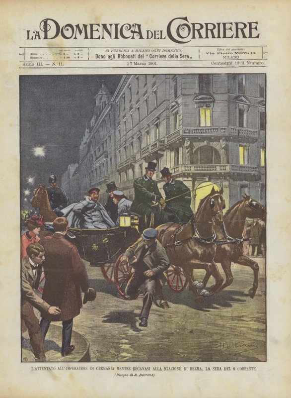 Das Attentat auf den Kaiser von Deutschland, als er sich am Abend des 6. dieses Monats auf den Weg zum Bahnhof von Bremen machte von Achille Beltrame