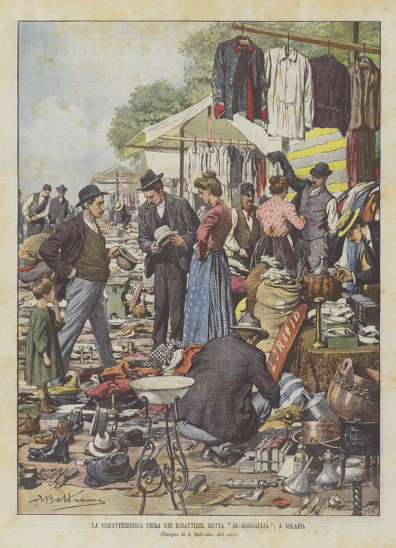 Der charakteristische Trödelmarkt, genannt Sinigallia in Mailand von Achille Beltrame