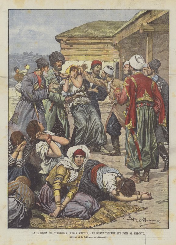 Die Hungersnot in Turkestan (Russland Asien), Frauen werden aus Hunger auf dem Markt verkauft von Achille Beltrame
