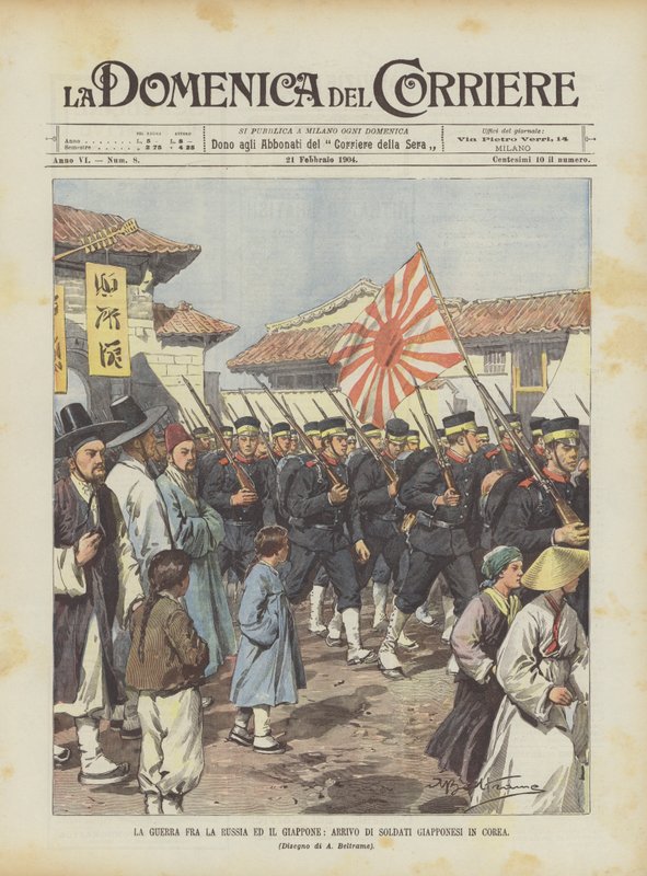 Der Krieg zwischen Russland und Japan, Ankunft japanischer Soldaten in Korea von Achille Beltrame