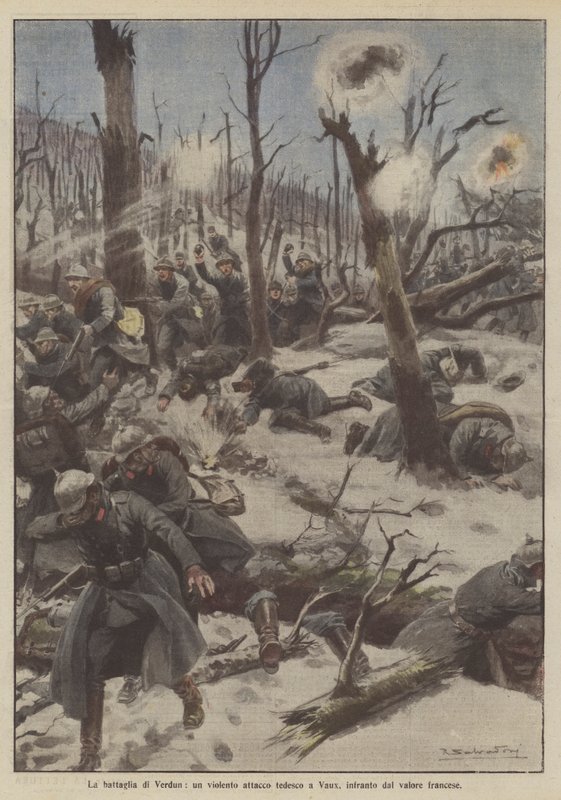 Die Schlacht von Verdun, ein heftiger deutscher Angriff auf Vaux, vereitelt durch französischen Mut von Achille Beltrame