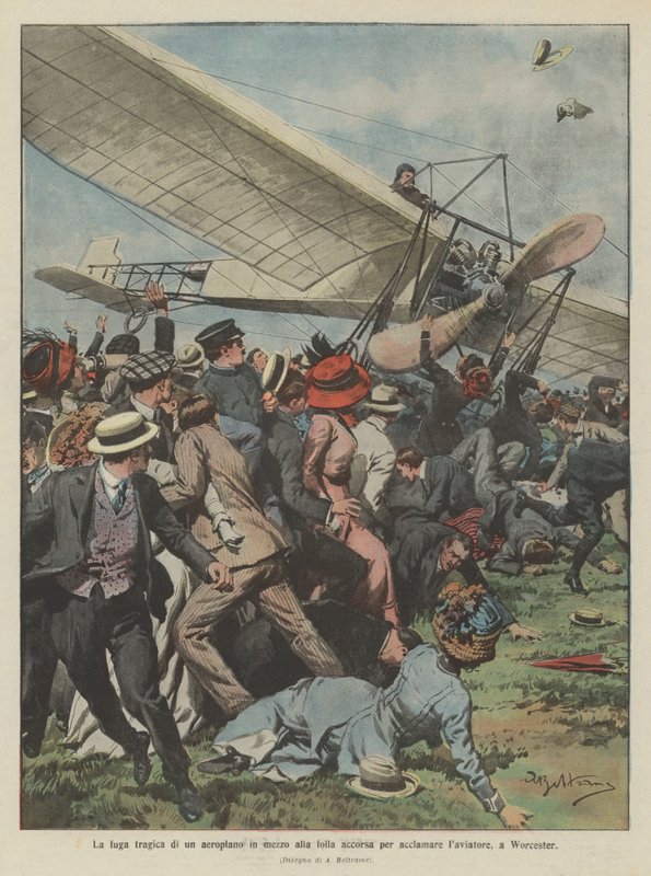 Die tragische Flucht eines Flugzeugs inmitten der Menge, die gekommen war, um den Flieger in Worcester zu begrüßen von Achille Beltrame