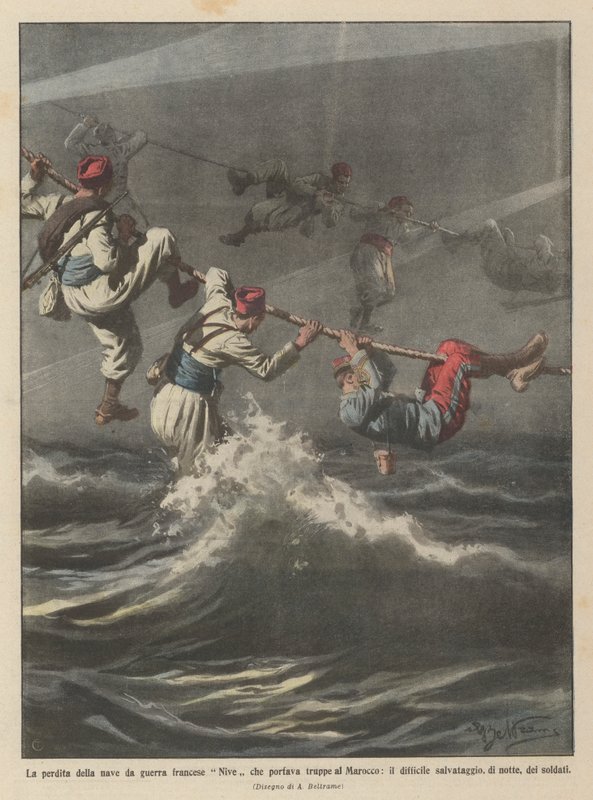 Der Verlust des französischen Kriegsschiffs Nive, das Truppen nach Marokko brachte von Achille Beltrame