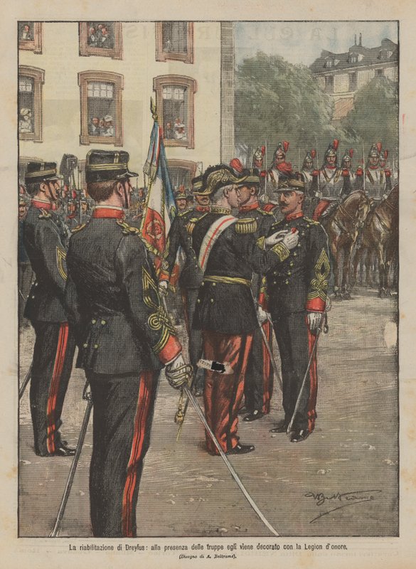 Die Rehabilitierung von Dreyfus, in Anwesenheit der Truppen wird er mit der Ehrenlegion ausgezeichnet von Achille Beltrame