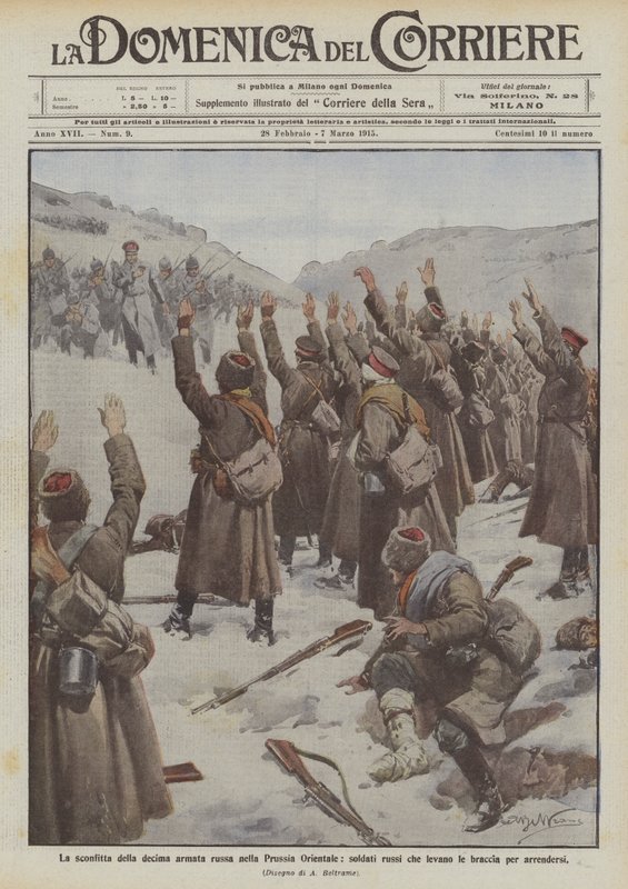 Die Niederlage der zehnten russischen Armee in Ostpreußen, russische Soldaten heben die Arme zur Kapitulation von Achille Beltrame