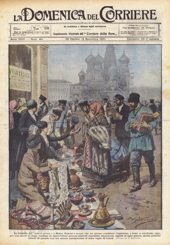 La tragedia dei nuovi poveri a Mosca (Farblithographie) von Achille Beltrame