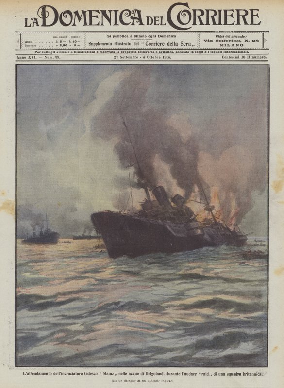 Die Versenkung des deutschen Kreuzers Mainz in den Gewässern von Helgoland während eines kühnen Überfalls von Achille Beltrame