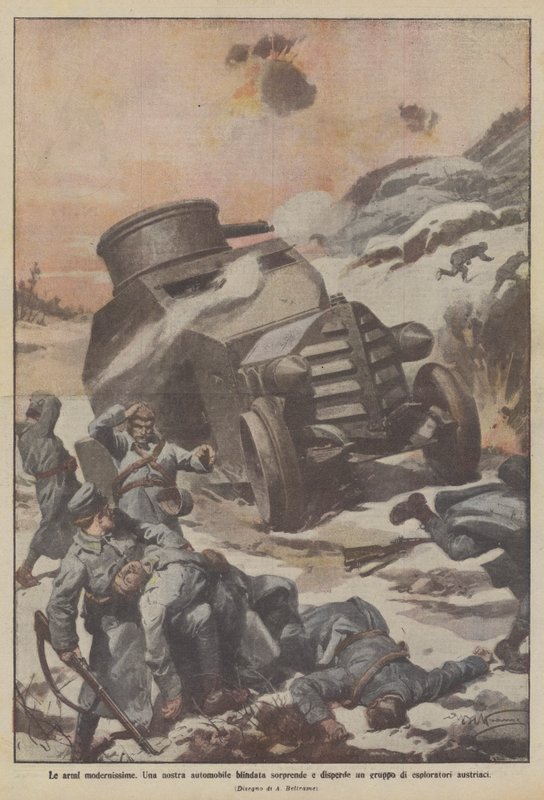 Die modernsten Waffen, unser gepanzertes Auto überrascht und zerstreut eine Gruppe österreichischer Späher von Achille Beltrame