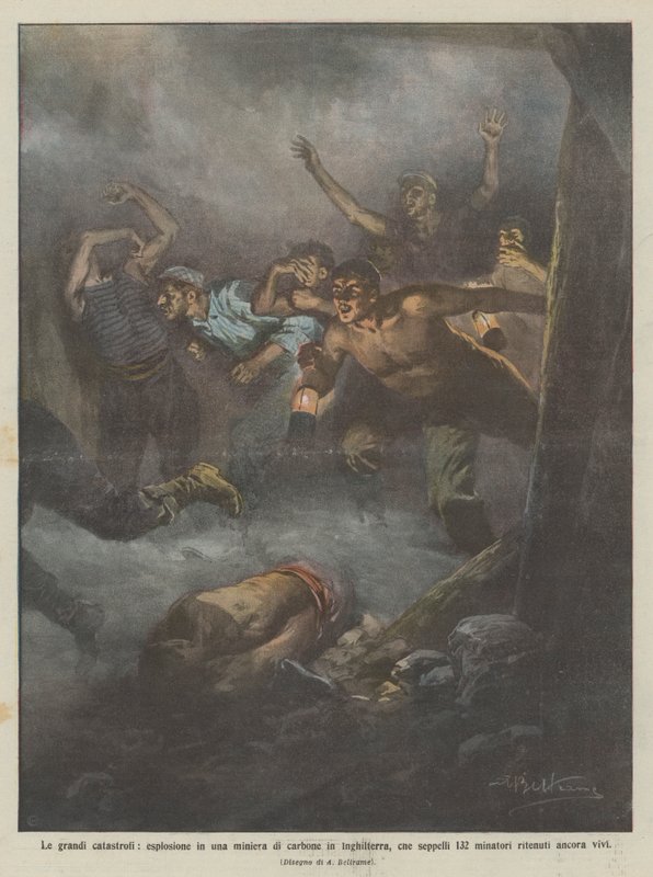 Die großen Katastrophen, Explosion in einer Kohlenmine in England, die 132 begrub von Achille Beltrame