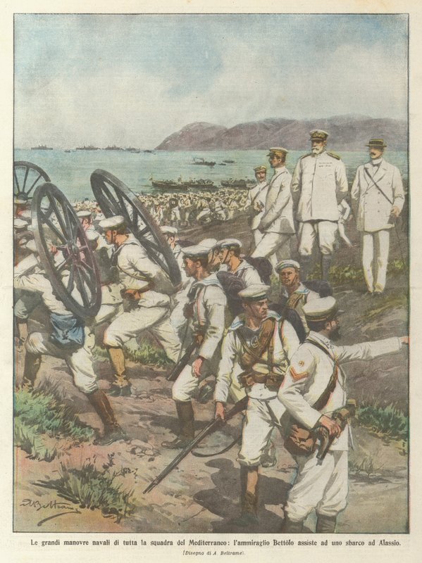 Die großen Marineübungen der gesamten Mittelmeerflotte, Admiral Bettolo beobachtet eine von Achille Beltrame