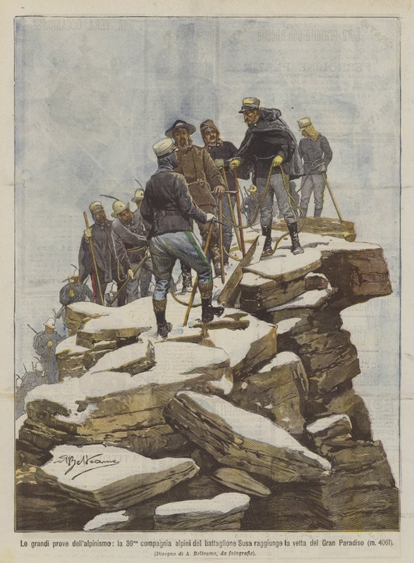 Die großen Leistungen des Alpinismus, die 36. Kompanie der Alpini des Bataillons Susa erreicht den Gipfel von Achille Beltrame