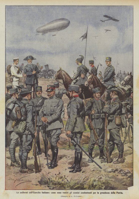 Die Uniformen der italienischen Armee, wie die Männer gekleidet sind, die für die Größe des Vaterlandes kämpfen von Achille Beltrame