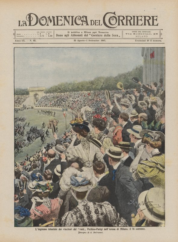 Der triumphale Einzug der Sieger des Peking-Paris-Raids in die Arena von Mailand am 16. dieses Monats von Achille Beltrame