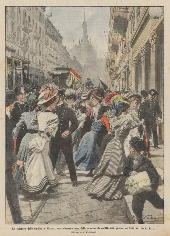 Der Streik der Näherinnen in Mailand, eine Demonstration der Streikenden gegen eine große Schneiderei am Corso V E von Achille Beltrame