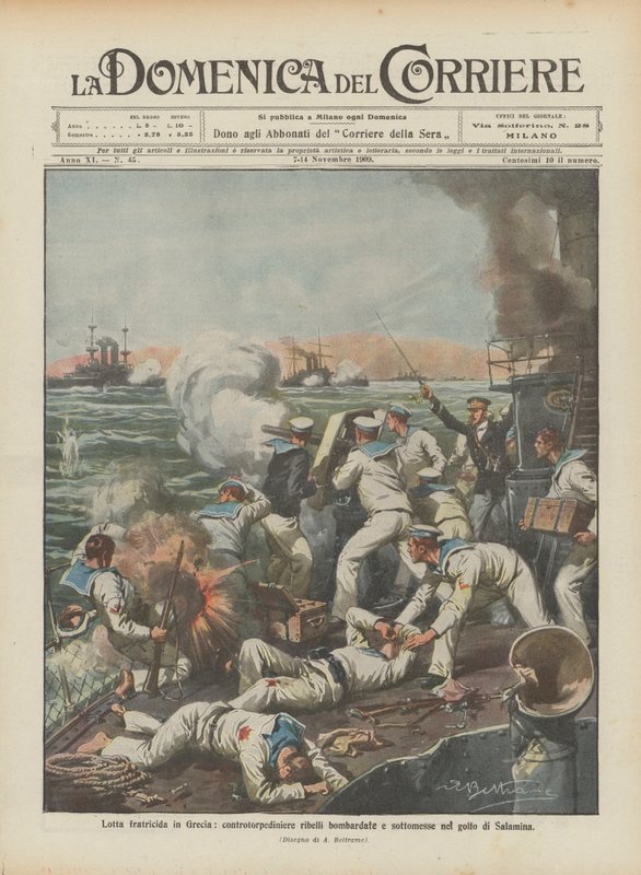Brudermord in Griechenland, rebellische Zerstörer im Golf von Salamis bombardiert und unterworfen von Achille Beltrame