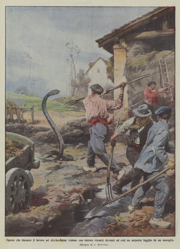 Arbeiter, die während der Arbeit in Aix-les-Bains mit Schrecken sehen, wie sich vor ihnen erhebt von Achille Beltrame