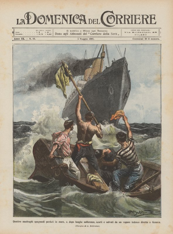 Vier spanische Schiffbrüchige, nach langen Leiden gerettet von Achille Beltrame