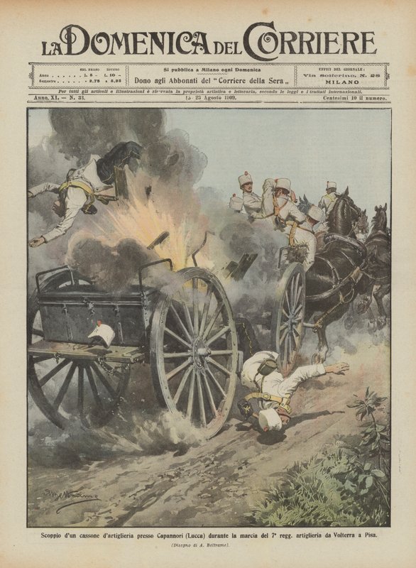 Explosion einer Artilleriekiste bei Capannori (Lucca) während des Marsches des 7. Regiments von Achille Beltrame
