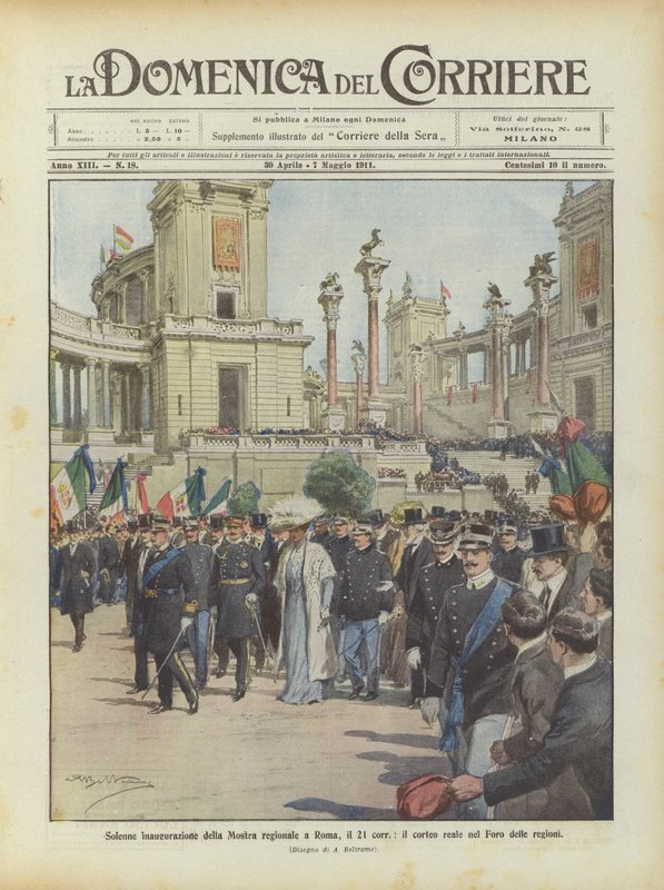 Feierliche Eröffnung der Regionalausstellung in Rom, der königliche Zug im Forum der Regionen von Achille Beltrame