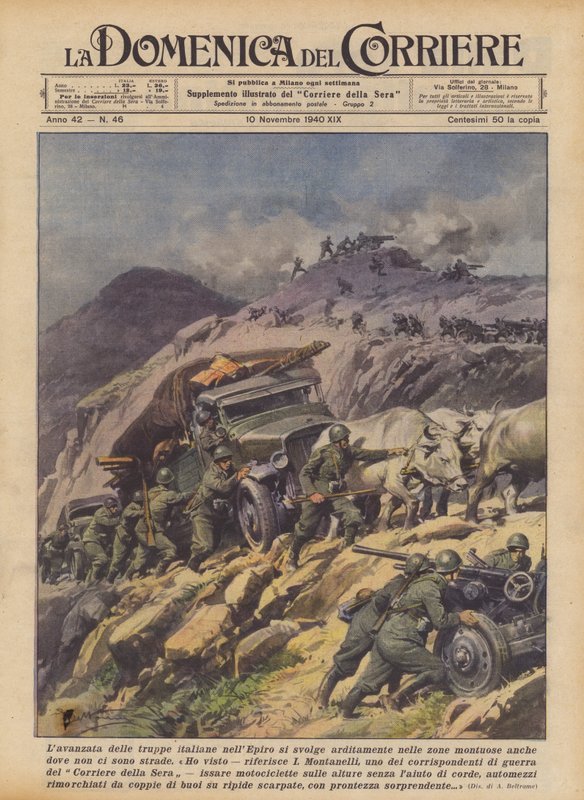 Der Vormarsch italienischer Truppen in Epirus erfolgt kühn in bergigen Gebieten, selbst dort, wo es keine Straßen gibt (Farblitho) von Achille Beltrame