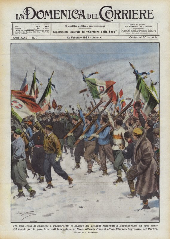 Zwischen einem Fest der Fahnen und Wimpel, die Reihen der Studenten, die sich in Bardonecchia versammelt haben von Achille Beltrame