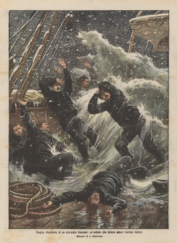 Tragische Überfahrt eines französischen Dampfers, eine Welle verletzt einige italienische Matrosen von Achille Beltrame