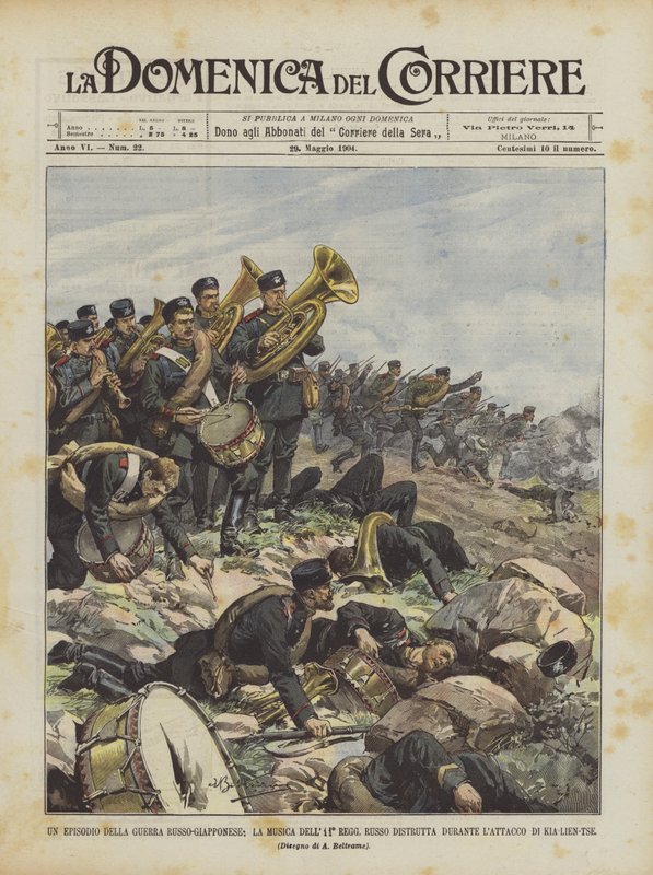 Ein Vorfall im Russisch-Japanischen Krieg, die Musik des 11. russischen Regiments zerstört von Achille Beltrame