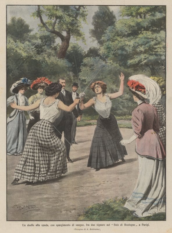 Ein Duell mit dem Schwert, mit Blutvergießen, zwischen zwei Damen im Bois de Boulogne in Paris von Achille Beltrame