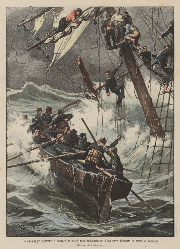 Eine Besatzung gezwungen, eine ganze Nacht auf dem Mast eines gesunkenen Schiffes auf Rettung zu warten von Achille Beltrame