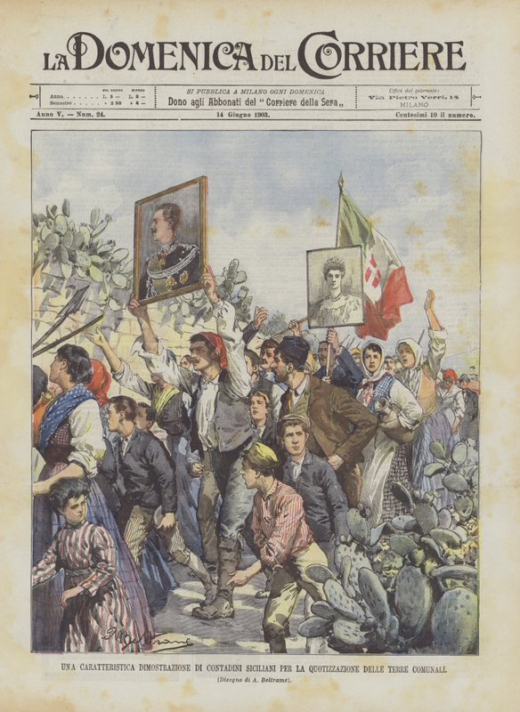 Eine charakteristische Demonstration sizilianischer Bauern für die Aufteilung der Gemeindeländereien von Achille Beltrame