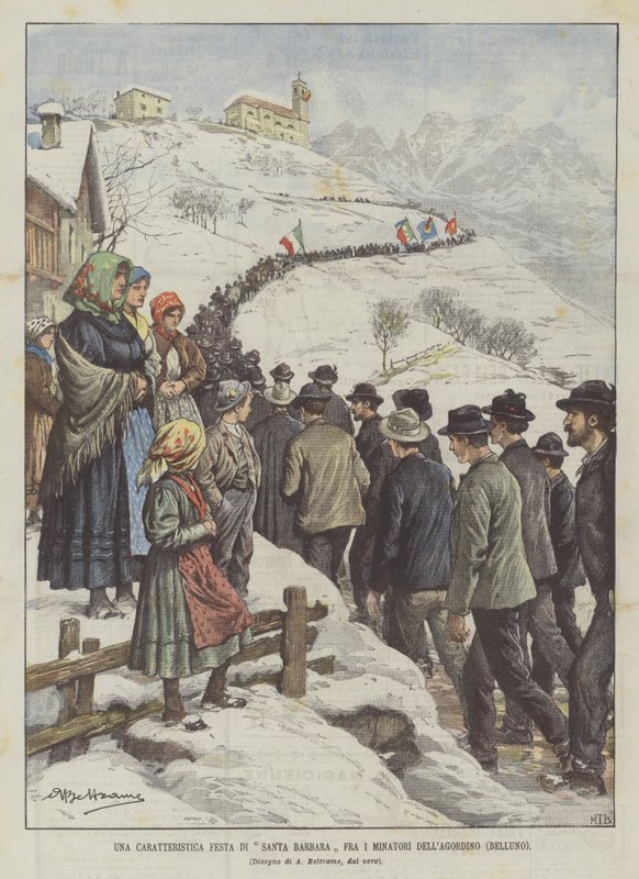 Ein charakteristisches Fest der Heiligen Barbara unter den Bergleuten von Agordino (Belluno) von Achille Beltrame