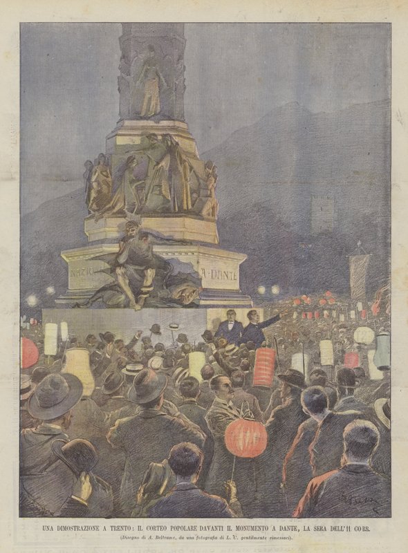 Eine Demonstration in Trient, der Volkszug vor dem Dante-Denkmal am Abend des 11. des Monats von Achille Beltrame