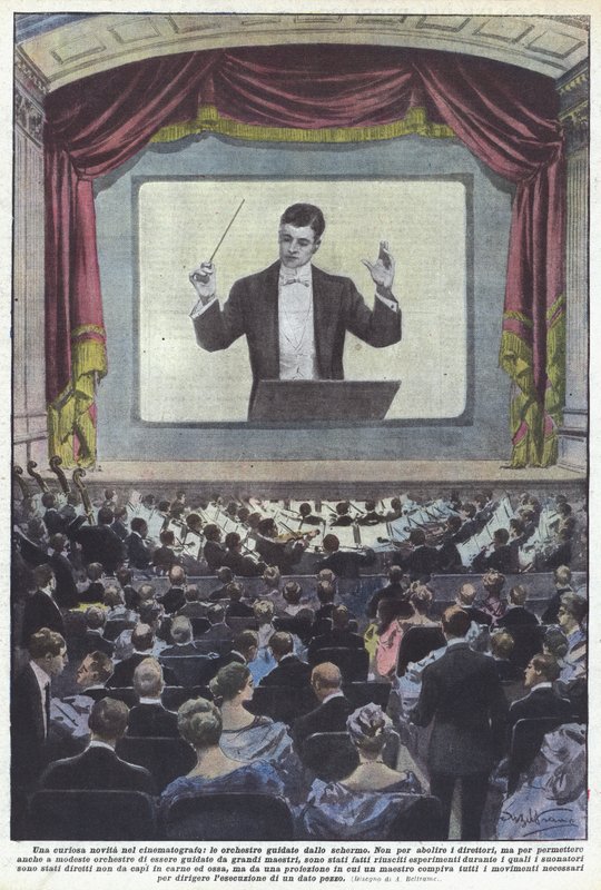 Eine kuriose Neuheit im Kino, die Orchester werden vom Bildschirm geleitet von Achille Beltrame