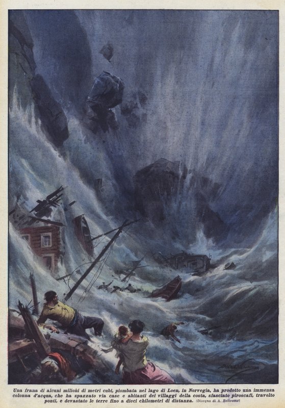 Ein Erdrutsch von mehreren Millionen Kubikmetern, der in den Loen-See in Norwegen stürzte, verursachte eine ? von Achille Beltrame