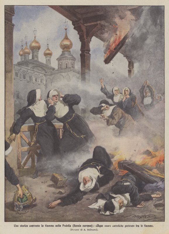 Ein historisches Kloster in Flammen in Podolien (europäisches Russland), fünf katholische Nonnen starben in den Flammen von Achille Beltrame