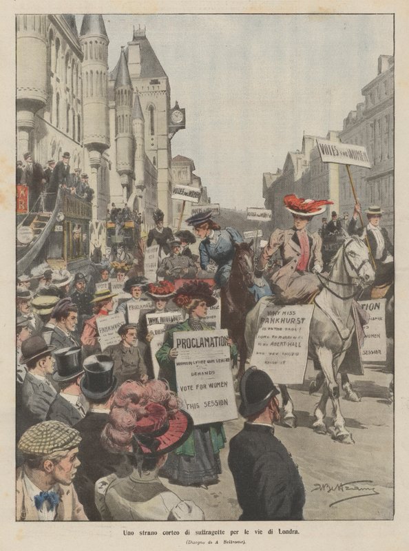 Ein seltsamer Zug von Suffragetten durch die Straßen von London von Achille Beltrame