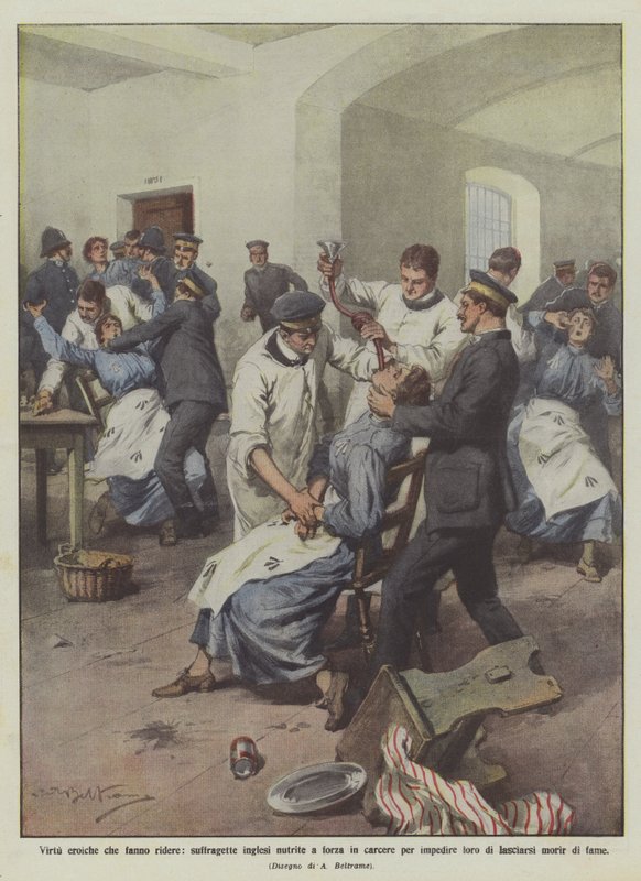 Heroische Tugenden, die zum Lachen bringen, englische Suffragetten werden im Gefängnis zwangsernährt, um sie daran zu hindern von Achille Beltrame