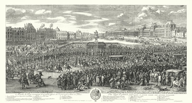 Ludwig XIV. von Frankreich und seine Garde überqueren die Pont-Neuf in Paris auf dem Weg zum Palais du Louvre (Gravur) von Adam Frans van der Meulen